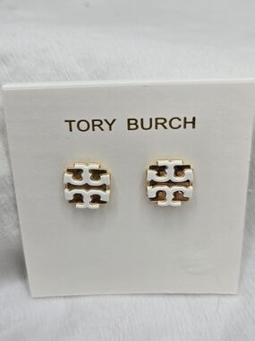 Tory Burch Logo Stud Earrings Goldtone White Enamel Square
